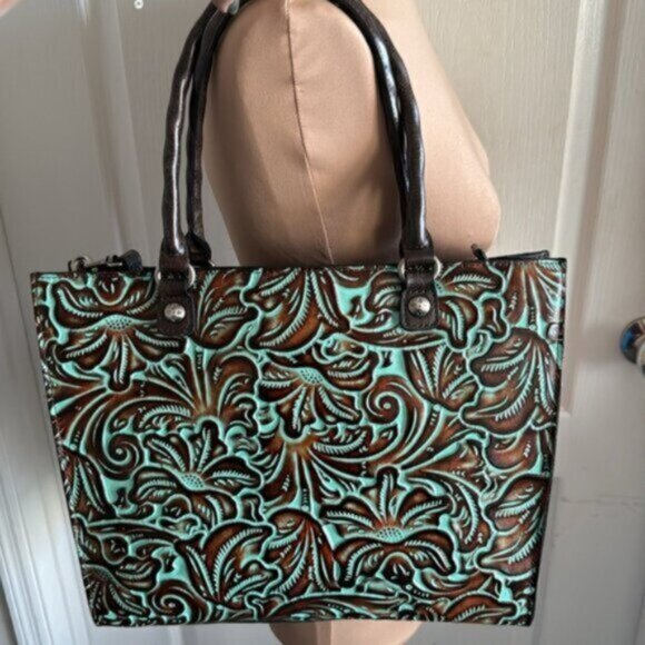 Patricia Nash Zancona Leather Front Tooled Turquoise Shoulder Handbag Xbody - Picture 4 of 12